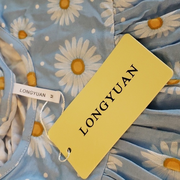 LONGYUAN Short Sleeve Tunic Blouse in Blue Daisy Size M - Picture 9 of 9